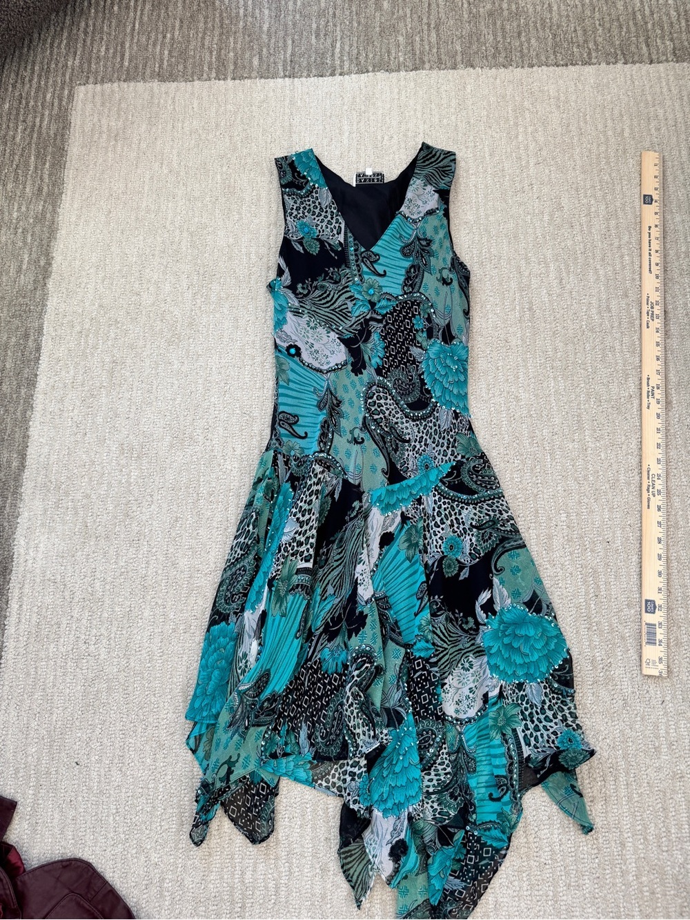 Teal Floral Asymmetrical Handkerchief Hem Dress